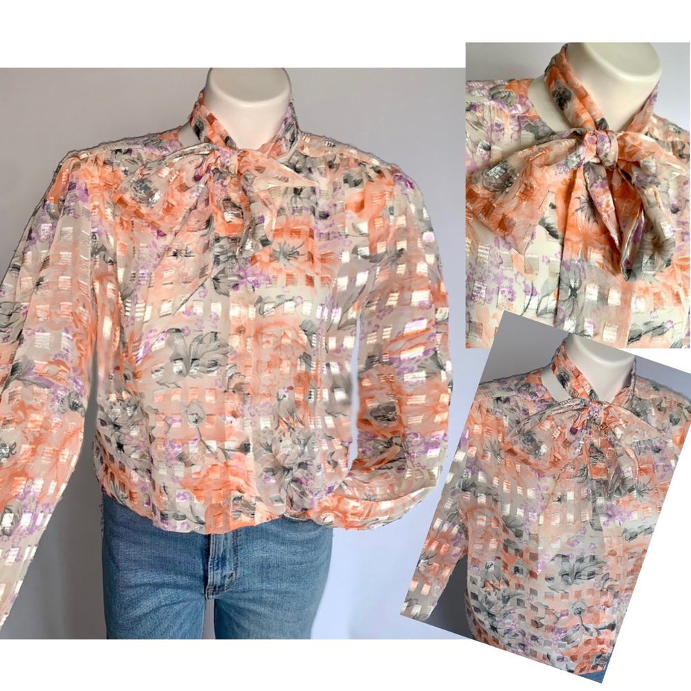v i n t a g e :: Sheer Floral Neck Tie Blouse Organza